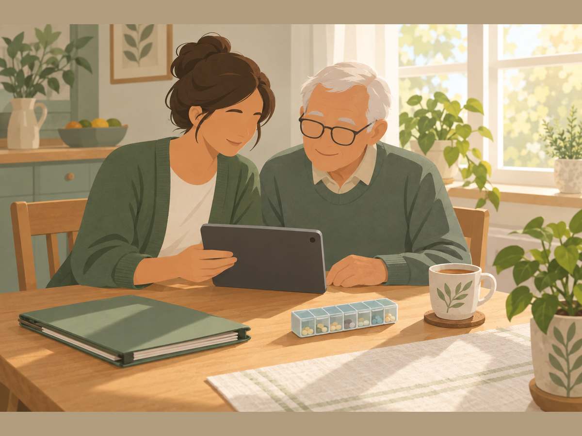An adult daughter and her father looking at a tablet together at a sunny kitchen table